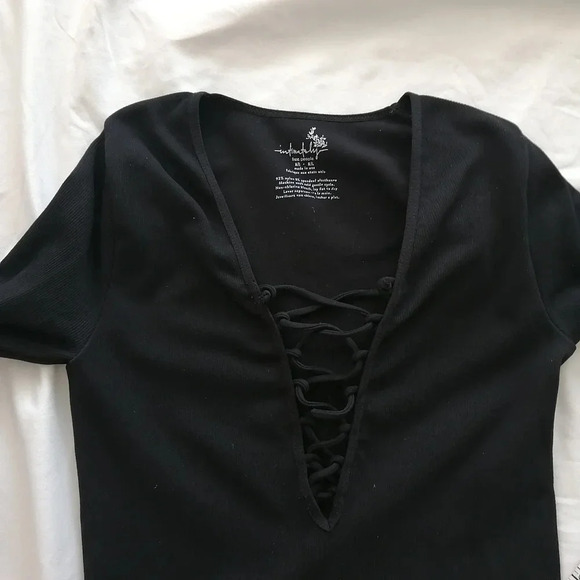 Free People Intimately Free Black Ribbed Lace  Up Neck Long Sleeve Top M/L - Picture 11 of 12